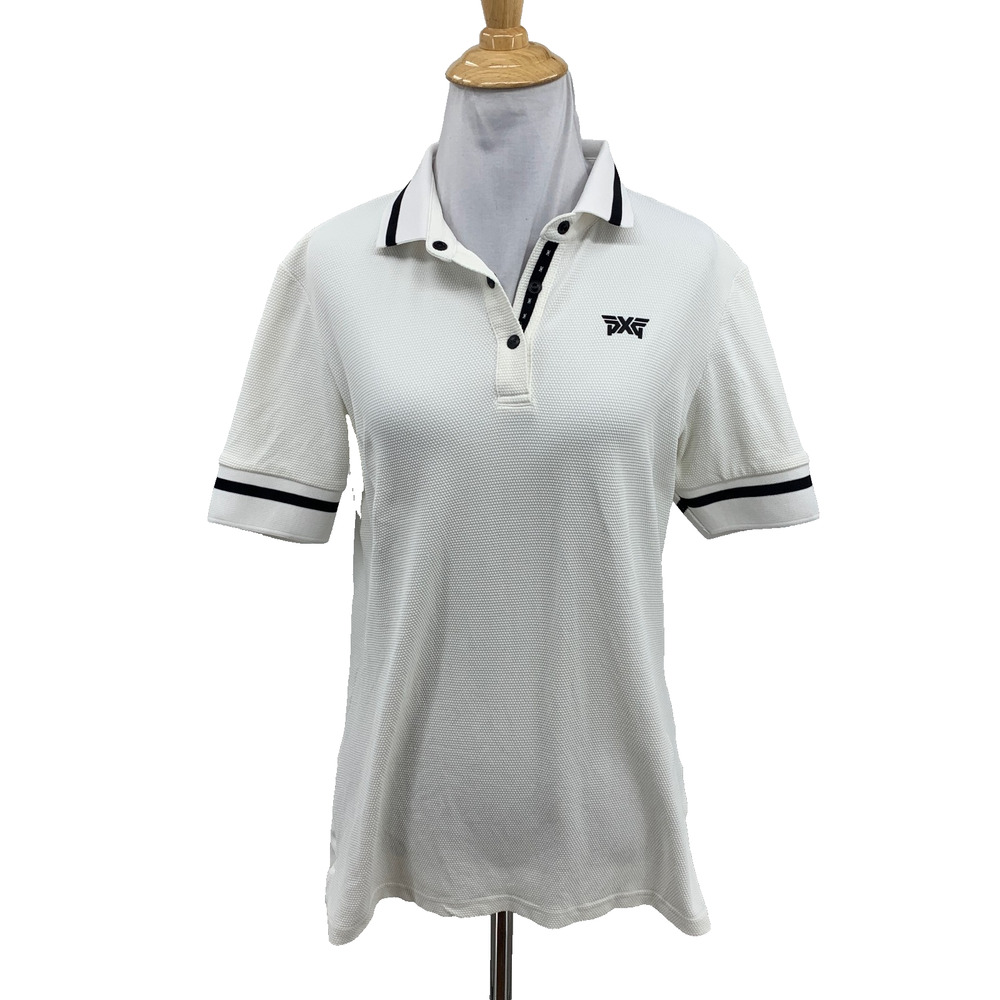 PXG Polo Shirt Womens M Medium White Black Contrast Sleeve Snap Button Golf Top
